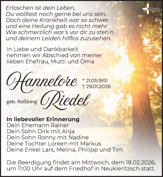 Traueranzeige von Hannelore Riedel von Leipziger Volkszeitung