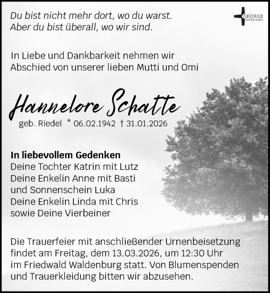 Traueranzeige von Hannelore Schatte von Leipziger Volkszeitung