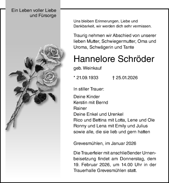 Traueranzeige von Hannelore Schröder von Ostsee-Zeitung GmbH