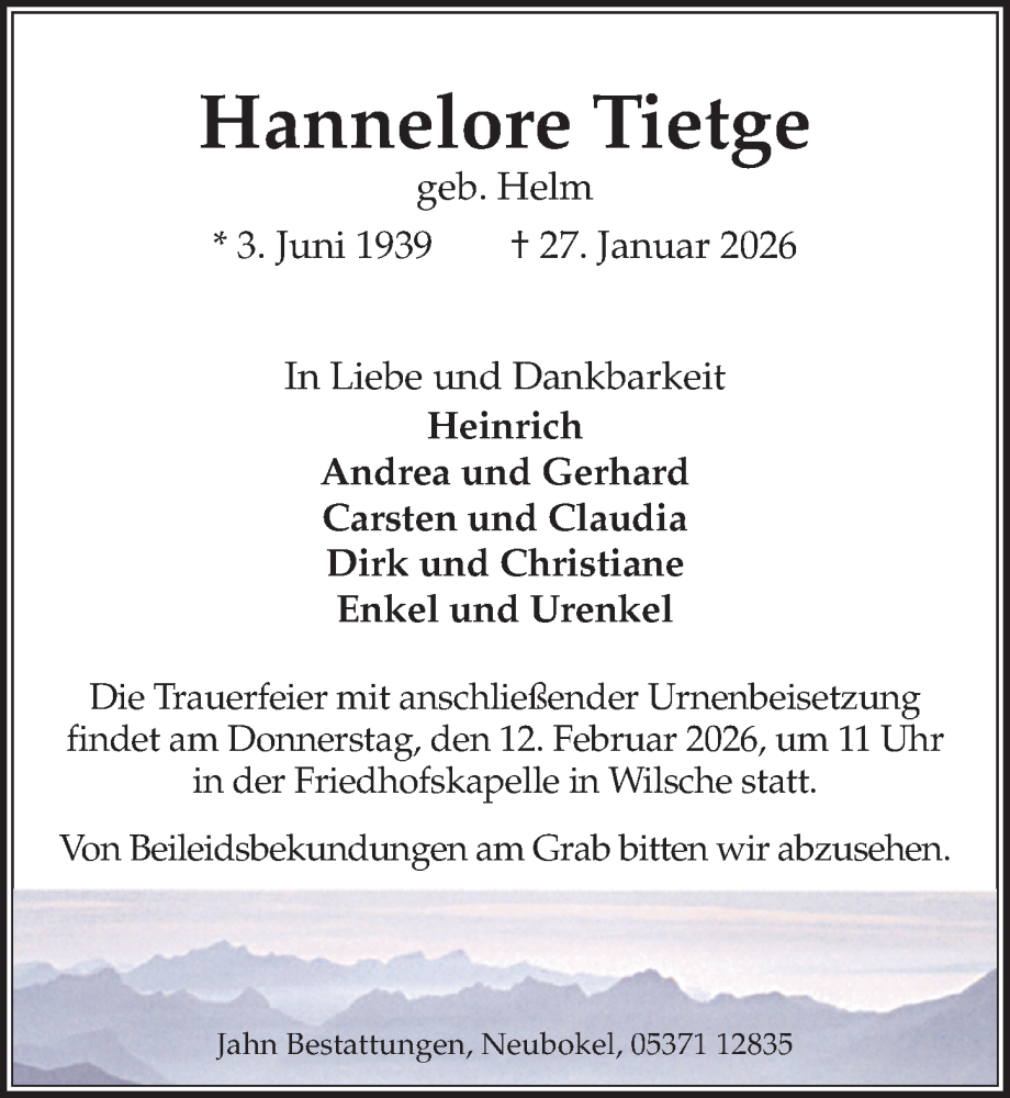 Traueranzeige für Hannelore Tietge vom 07.02.2026 aus Aller Zeitung