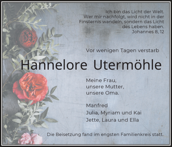 Traueranzeige von Hannelore Utermöhle von Täglicher Anzeiger Holzminden