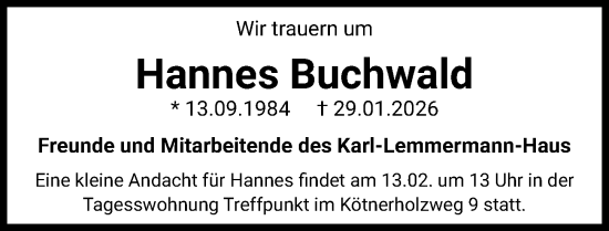 Traueranzeige von Hannes Buchwald von Hannoversche Allgemeine Zeitung/Neue Presse