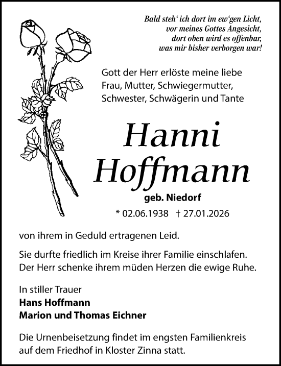Traueranzeige von Hanni Hoffmann von Märkischen Allgemeine Zeitung