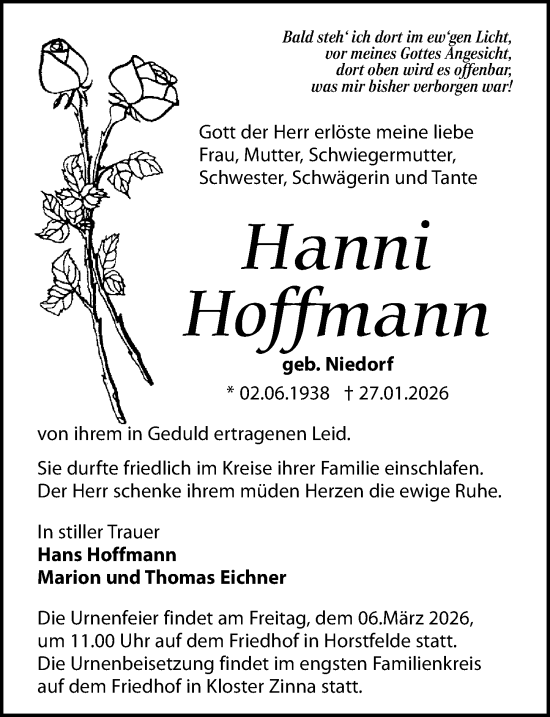 Traueranzeige von Hanni Hoffmann von Märkischen Allgemeine Zeitung