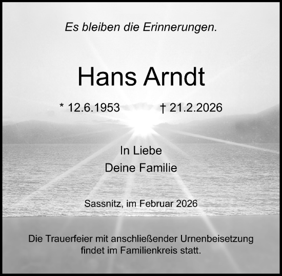 Traueranzeige von Hans Arndt von Ostsee-Zeitung GmbH