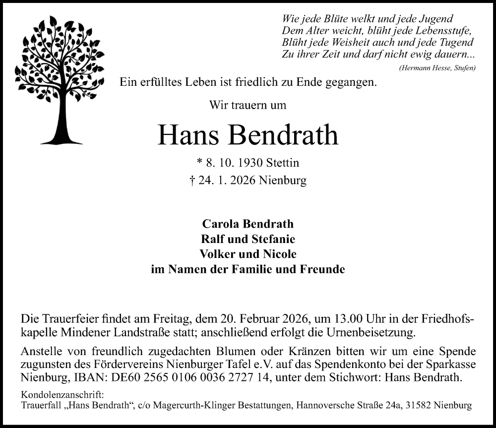  Traueranzeige für Hans Bendrath vom 07.02.2026 aus Die Harke