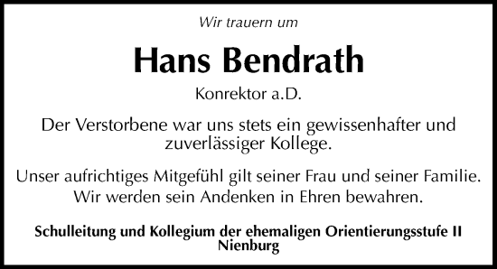Traueranzeige von Hans Bendrath von Die Harke
