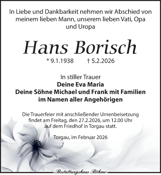 Traueranzeige von Hans Borisch von Torgauer Zeitung