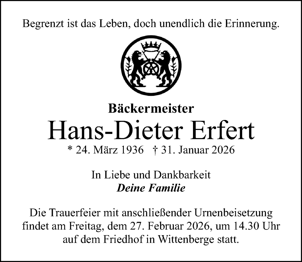  Traueranzeige für Hans-Dieter Erfert vom 21.02.2026 aus Wochenspiegel