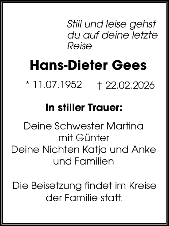 Traueranzeige von Hans-Dieter Gees von Ostsee-Zeitung GmbH