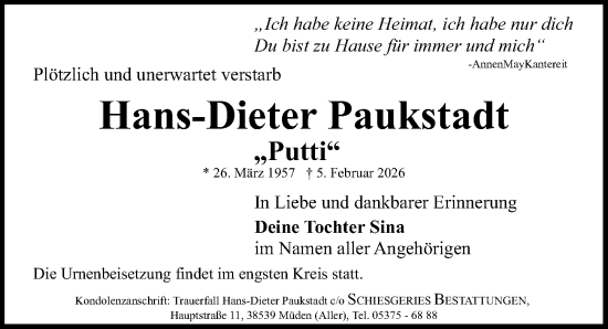 Traueranzeige von Hans-Dieter Paukstadt von Aller Zeitung