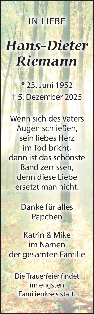  Traueranzeige für Hans-Dieter Riemann vom 14.02.2026 aus Leipziger Volkszeitung