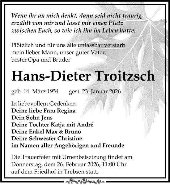Traueranzeige von Hans-Dieter Troitzsch von Leipziger Volkszeitung