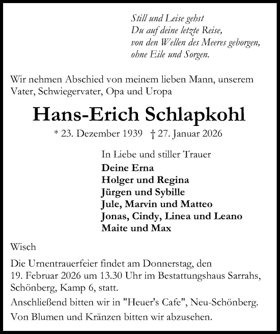 Traueranzeige von Hans-Erich Schlapkohl von Kieler Nachrichten