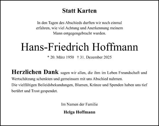 Traueranzeige von Hans-Friedrich Hoffmann von Lübecker Nachrichten