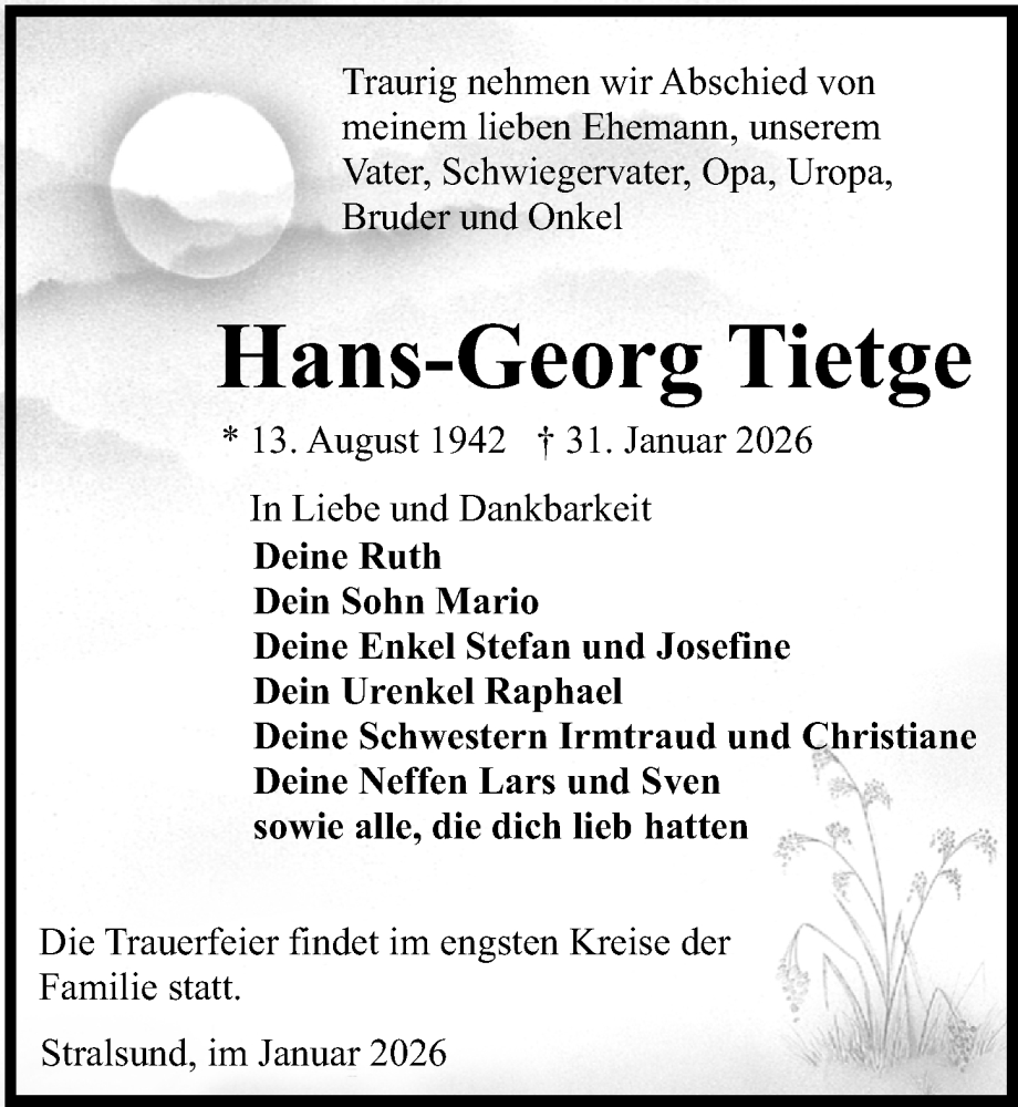  Traueranzeige für Hans-Georg Tietge vom 07.02.2026 aus Ostsee-Zeitung GmbH