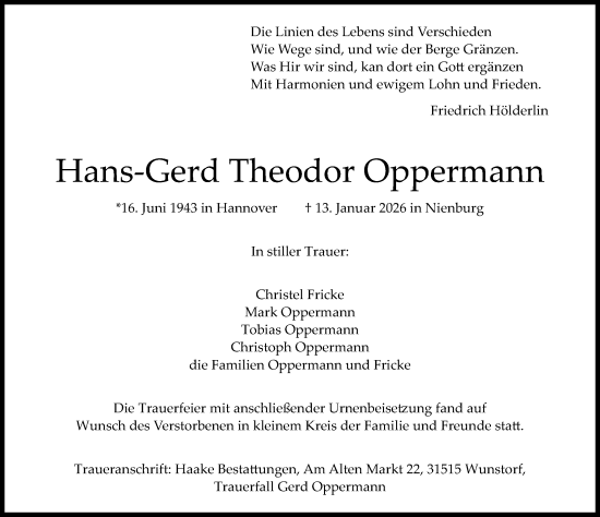 Traueranzeige von Hans-Gerd Theodor Oppermann von Hannoversche Allgemeine Zeitung/Neue Presse