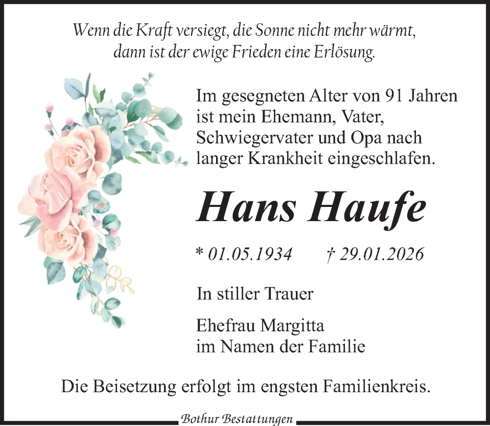  Traueranzeige für Hans Haufe vom 07.02.2026 aus Leipziger Volkszeitung