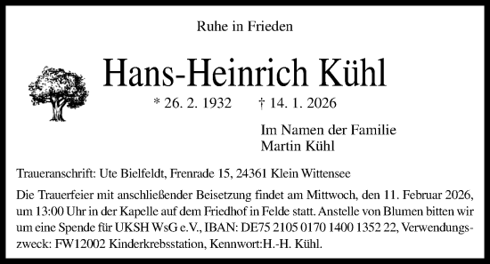 Traueranzeige von Hans-Heinrich Kühl von Kieler Nachrichten