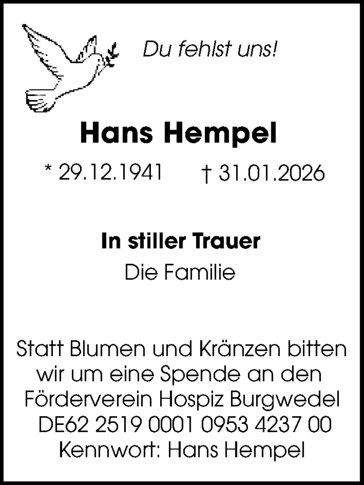  Traueranzeige für Hans Hempel vom 07.02.2026 aus Hannoversche Allgemeine Zeitung/Neue Presse