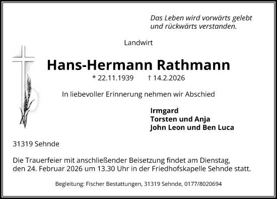 Traueranzeige von Hans-Hermann Rathmann von Hannoversche Allgemeine Zeitung/Neue Presse