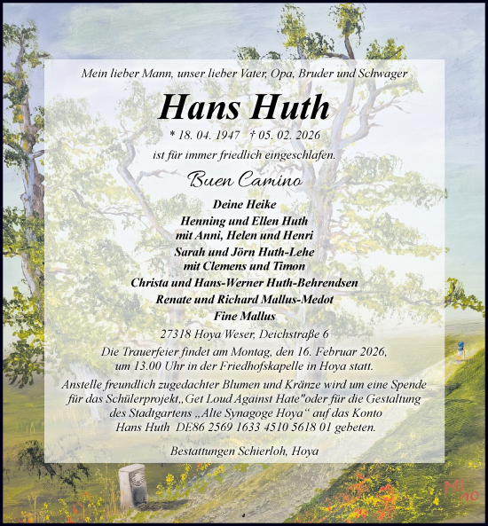Traueranzeige von Hans Huth von Die Harke