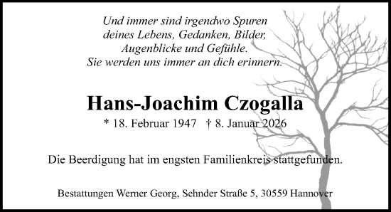 Traueranzeige von Hans-Joachim Czogalla von Hannoversche Allgemeine Zeitung/Neue Presse
