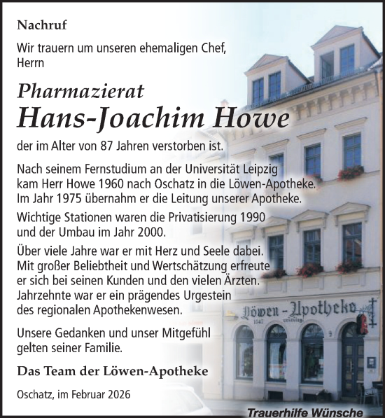 Traueranzeige von Hans-Joachim Howe von Leipziger Volkszeitung