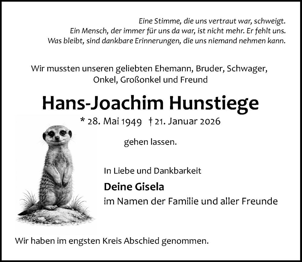  Traueranzeige für Hans-Joachim Hunstiege vom 08.02.2026 aus Lübecker Nachrichten