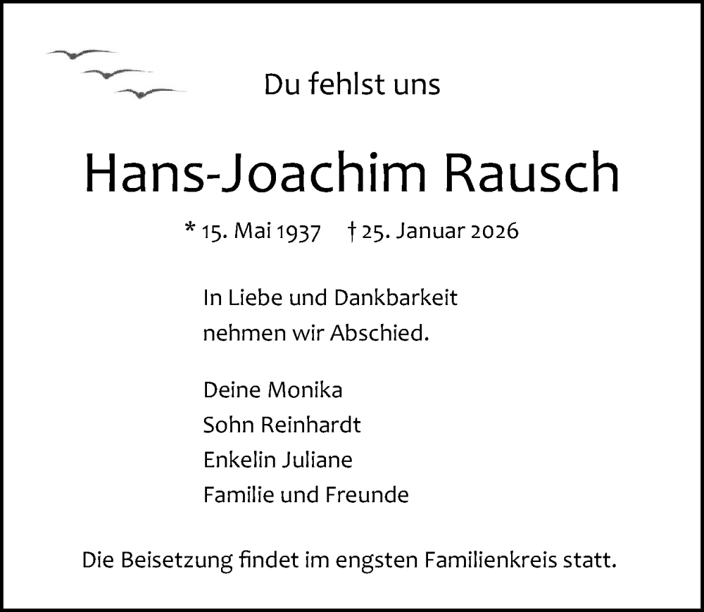  Traueranzeige für Hans-Joachim Rausch vom 07.02.2026 aus Ostsee-Zeitung GmbH
