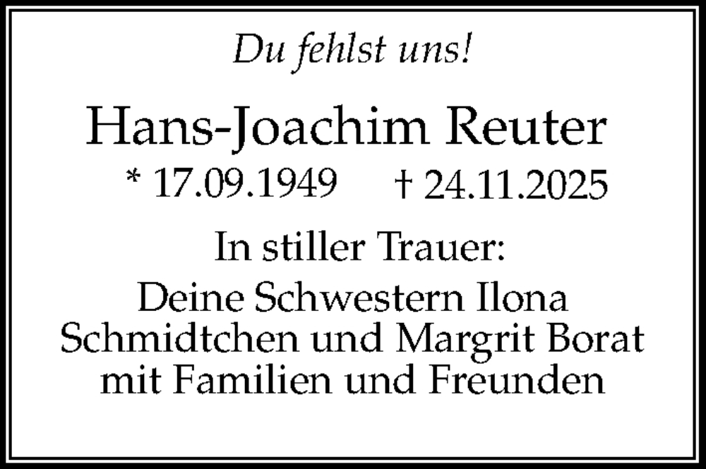  Traueranzeige für Hans-Joachim Reuter vom 14.02.2026 aus Kieler Nachrichten