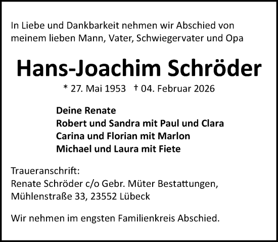 Traueranzeige von Hans-Joachim Schröder von Lübecker Nachrichten