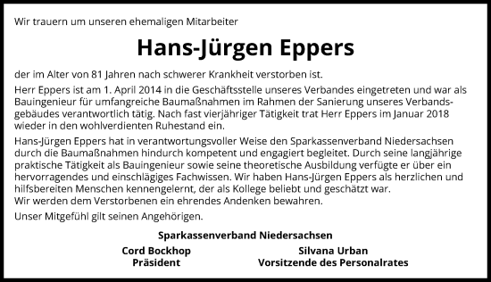 Traueranzeige von Hans-Jürgen Eppers von Hannoversche Allgemeine Zeitung/Neue Presse