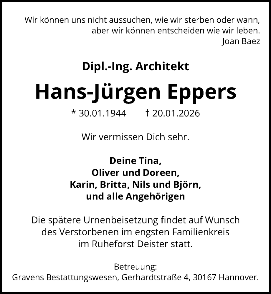  Traueranzeige für Hans-Jürgen Eppers vom 07.02.2026 aus Hannoversche Allgemeine Zeitung/Neue Presse