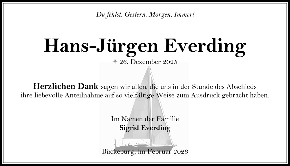  Traueranzeige für Hans-Jürgen Everding vom 14.02.2026 aus Schaumburger Nachrichten