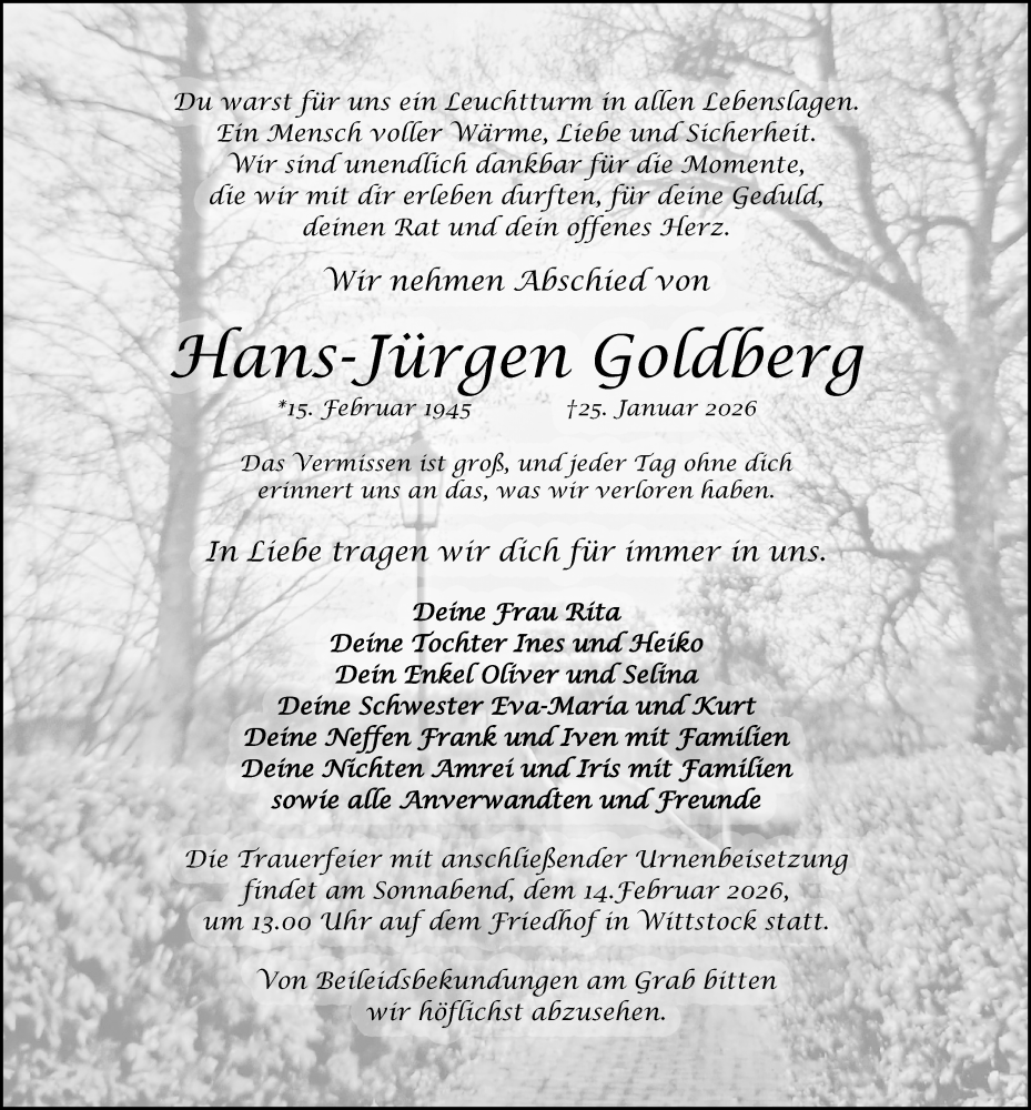  Traueranzeige für Hans-Jürgen Goldberg vom 07.02.2026 aus Wochenspiegel
