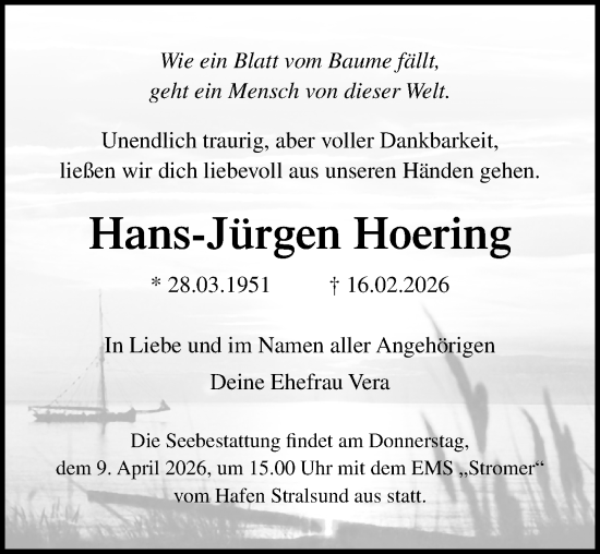 Traueranzeige von Hans-Jürgen Hoering von Ostsee-Zeitung GmbH