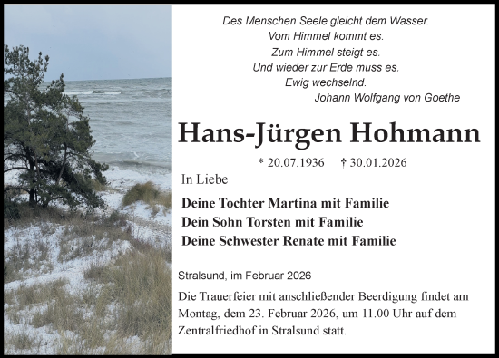 Traueranzeige von Hans-Jürgen Hohmann von Ostsee-Zeitung GmbH