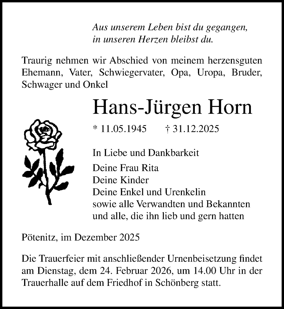  Traueranzeige für Hans-Jürgen Horn vom 07.02.2026 aus Ostsee-Zeitung GmbH