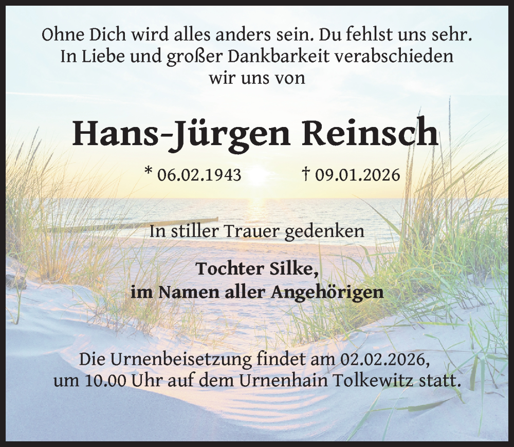  Traueranzeige für Hans-Jürgen Reinsch vom 24.01.2026 aus Sächsische Zeitung