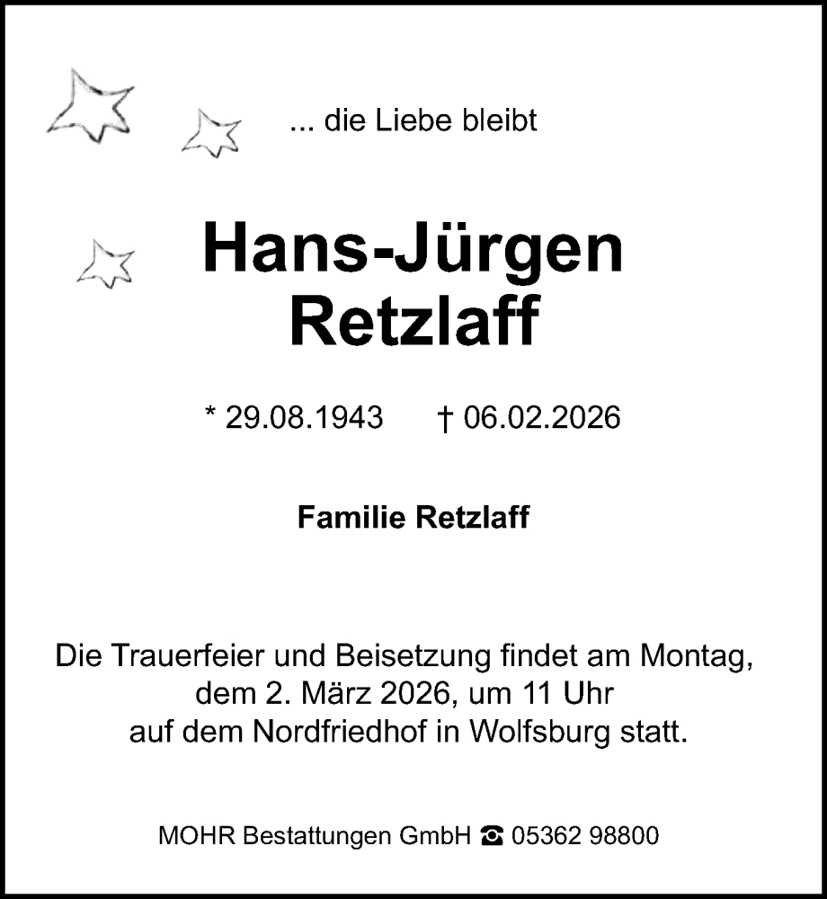  Traueranzeige für Hans-Jürgen Retzlaff vom 14.02.2026 aus Aller Zeitung