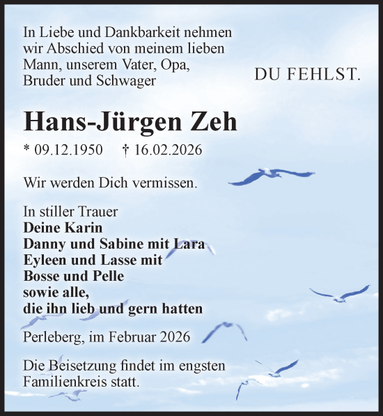 Traueranzeige von Hans-Jürgen Zeh von Wochenspiegel