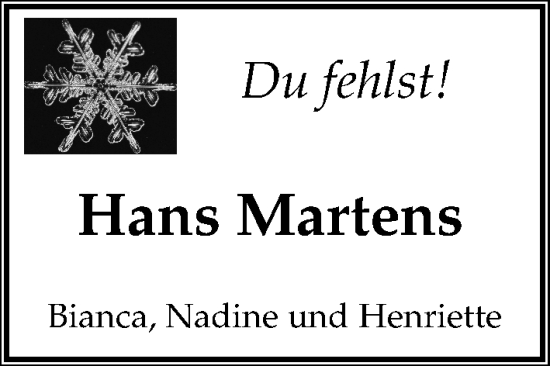 Traueranzeige von Hans Martens von Kieler Nachrichten