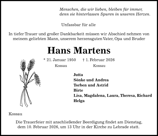 Traueranzeige von Hans Martens von Kieler Nachrichten