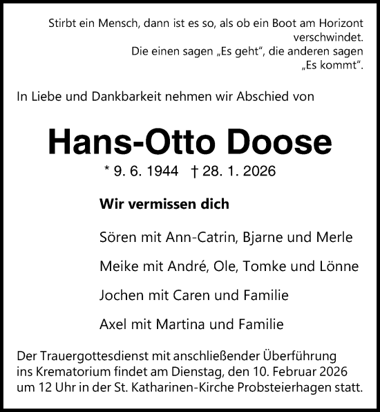 Traueranzeige von Hans-Otto Doose von Kieler Nachrichten