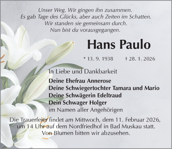 Traueranzeige von Hans Paulo von Sächsische Zeitung