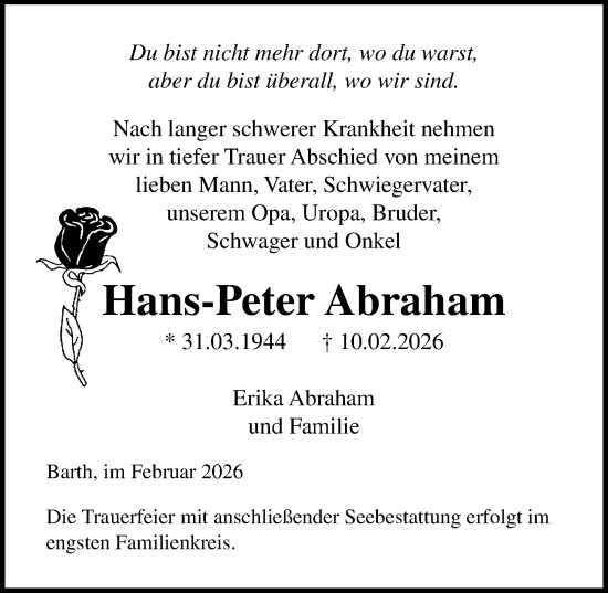Traueranzeige von Hans-Peter Abraham von Ostsee-Zeitung GmbH