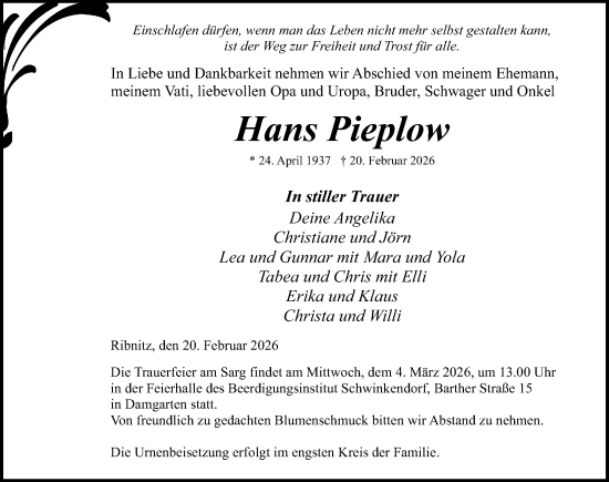 Traueranzeige von Hans Pieplow von Ostsee-Zeitung GmbH