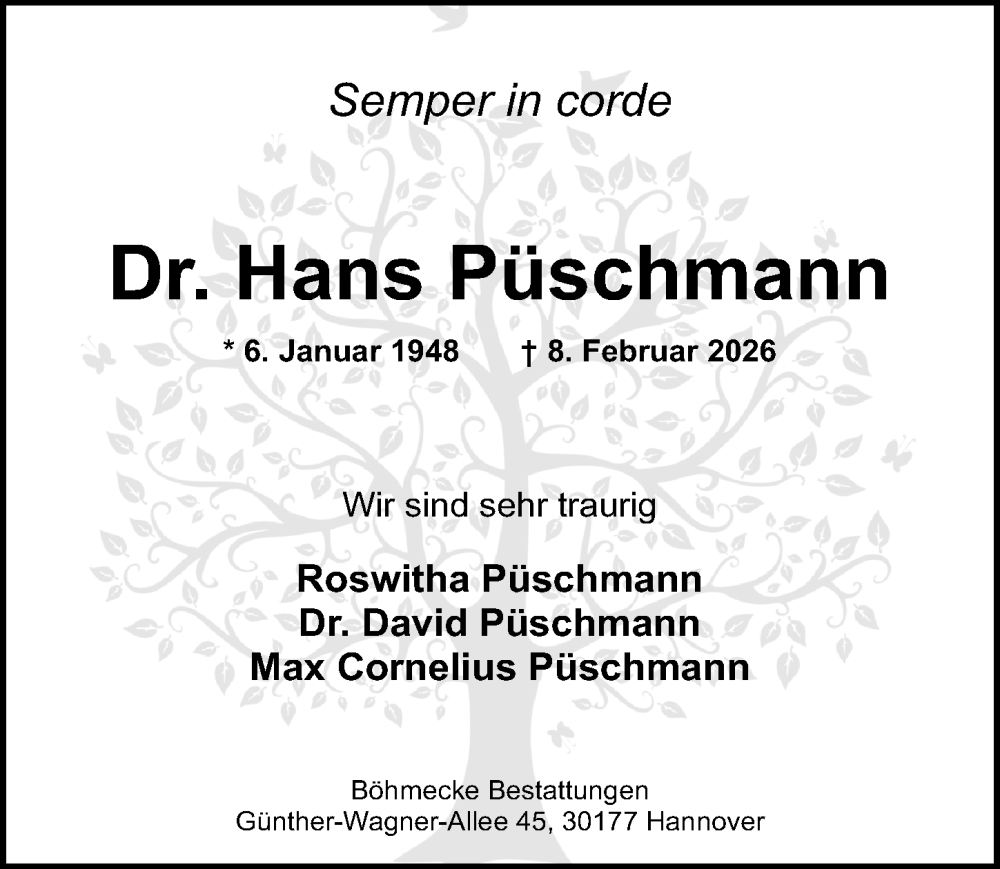  Traueranzeige für Hans Püschmann vom 14.02.2026 aus Hannoversche Allgemeine Zeitung/Neue Presse