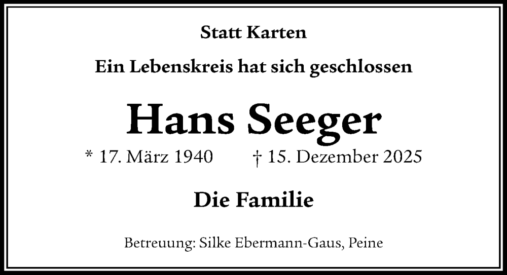  Traueranzeige für Hans Seeger vom 14.02.2026 aus Peiner Allgemeine Zeitung